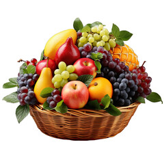Assorted Fruits in Basket Isolated on Transparent or White Background, PNG