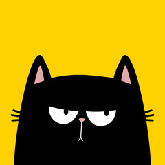 Black cat kitten kitty silhouette icon. Sad angry emotion. Cute kawaii cartoon character. Happy Valentines Day. Baby greeting card, tshirt, sticker print template. Yellow background. Flat design.