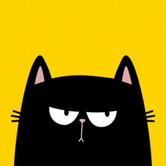 Fotobehang Black cat kitten kitty silhouette icon. Sad angry emotion. Cute kawaii cartoon character. Happy Valentines Day. Baby greeting card, tshirt, sticker print template. Yellow background. Flat design. © worldofvector