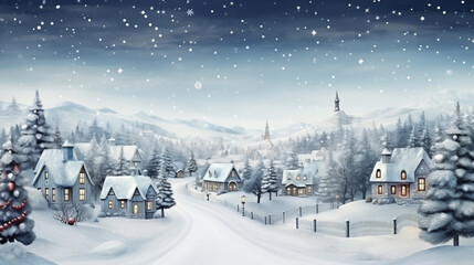 Christmas village with Snow in vintage style, Winter Village Landscape, Christmas Holidays, Christmas Card