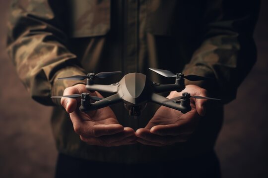 Male hands holding generic design military drone illustration. Ai generative.
