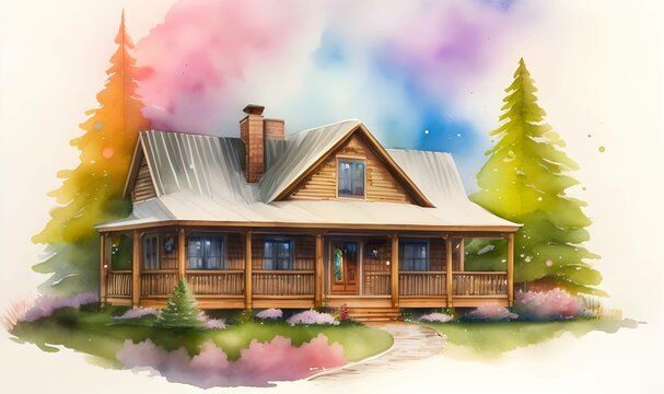 Watercolor rural cottage house among green trees digital illustration. Summer spring village cozy home composition. Cartoon countryside design elements.
