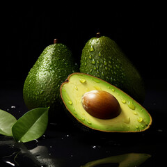 Fotografia con detalle y textura de varios aguacates, con fondo de tonos oscuros