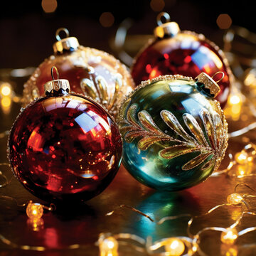 Fotografia de primer plano con detalle y textura de bolas de navidad con acabado lujoso y diferentes colores