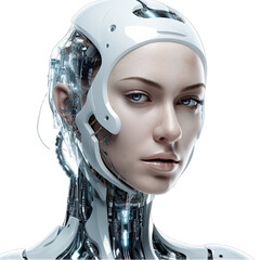Female Android Close-Up Isolated on Transparent or White Background, PNG