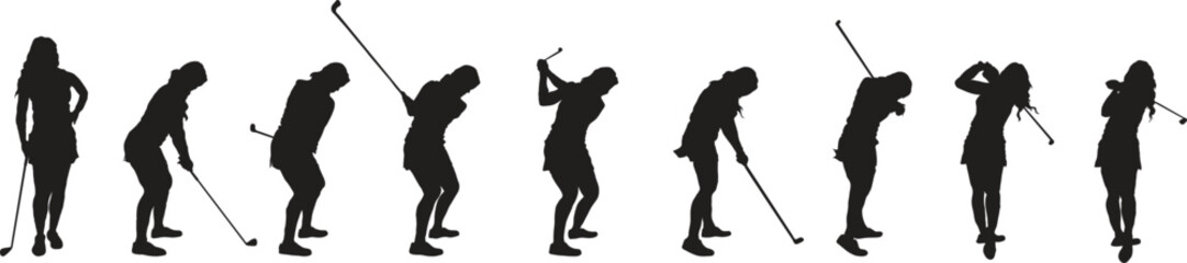 silhouettes of woman golfer playing gold in poses 