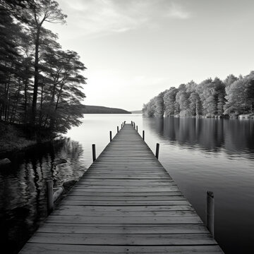 Fotografia en blanco y negro de paisaje con pasarela de madera sobre zona de aguas tranquilas, con arboles y cielo luminoso