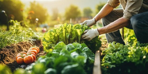 Chef harvesting fresh vegetables on a farm - obrazy, fototapety, plakaty