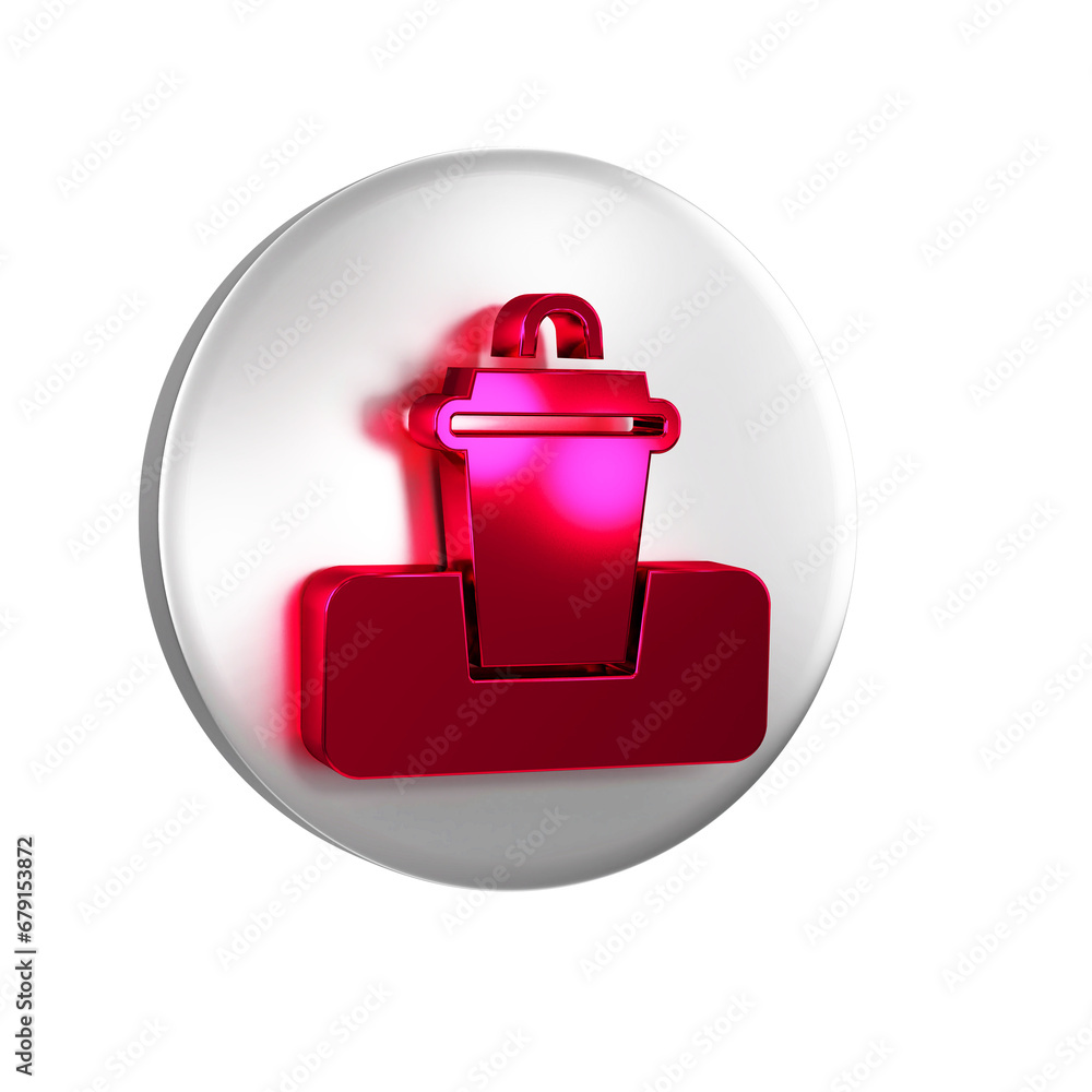 Poster Red Trash can icon isolated on transparent background. Garbage bin sign. Recycle basket icon. Office trash icon. Silver circle button.