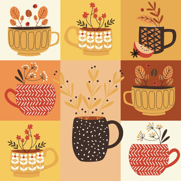 Card, poster or a geometrical seamless pattern with cute cups and mugs with herbal tea and plants. Hand drawn vector illustration