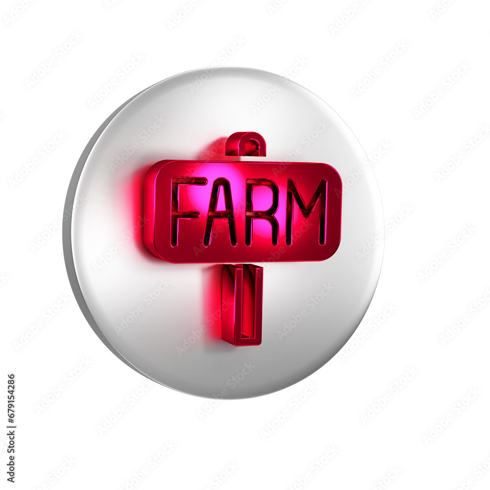 Poster red location farm icon isolated on transparent background. silver circle button.