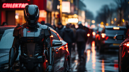 Policeman robot patrols the street to protect people and public from crime. Concept of future street security. Ai generative