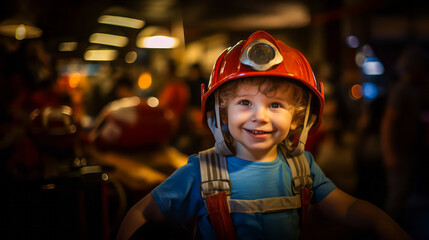 a Smiling KID in a red helmet. the Boy imagines to be a firefighter. Firefighter car on background. Future dream profession. Ai generative