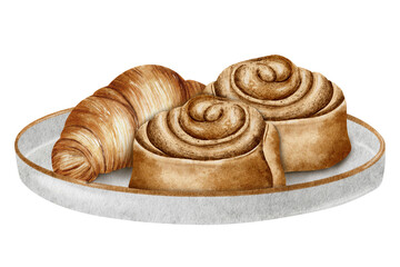 Croissant and spiraled cinnamon rolls on a plate. Bakery food concept. Watercolor illustration. Isolated. Bakery products. For of labels, packaging of goods, cards, logo for bakehouse and bakeshop.