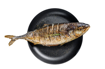 Grilled teriyaki flavored Yellowtail, Japanese amberjack in a pan. Transparent background. Isolated.