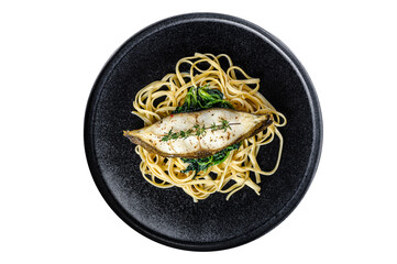 Spaghetti pasta with Halibut fish steak and spinach.  Transparent background. Isolated.