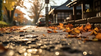 In the picture is a cobblestone road, the wind blows, the fallen leaves on the road are blown, forming a unique landscape