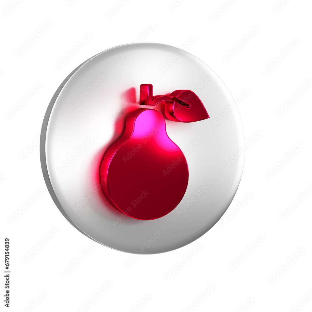 Poster red pear icon isolated on transparent background. fruit with leaf symbol. silver circle button.