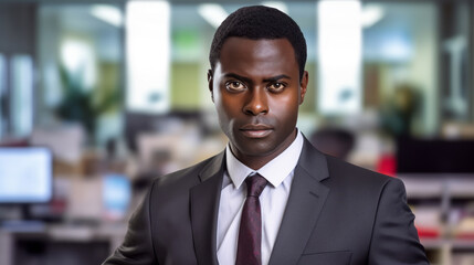 Portrait of Handsome Businessman in formal suit. Business and career success concept. Office background. Guy smiles and look at the camera. Ai generative.
