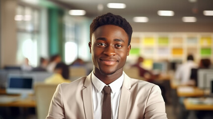 Fototapeta premium Portrait of Black Handsome Businessman in formal suit. Business friendly and career success concept. Office background. Guy smiles and look at the camera. Ai generative.