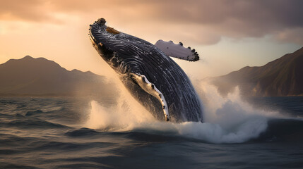Humpback whale breaching off coast - obrazy, fototapety, plakaty