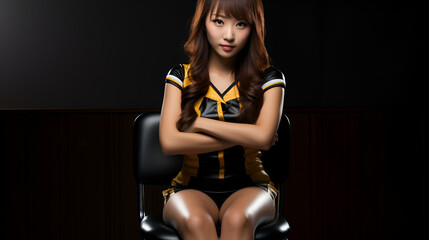 Japanese girl setting on chair black background