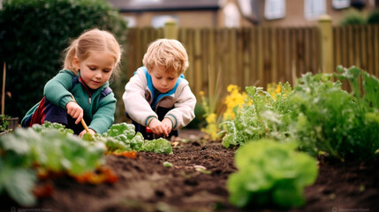 Little  children working in the backyard garden