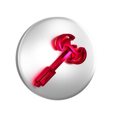 Red Medieval poleaxe icon isolated on transparent background. Silver circle button.
