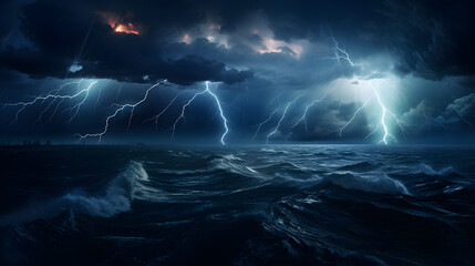 Lightning storm over dark ocean