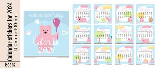 Set of calendar stickers by month for 2024. The week starts on Monday.Cute calendars with pink cartoon bears.Kids stickers for planning.Templates for printing for cute stationery. Isolated on white.