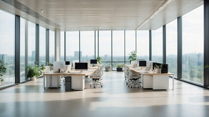 Modern minimalist interior. Bright office, large panoramic windows. Tables with computers, chairs.