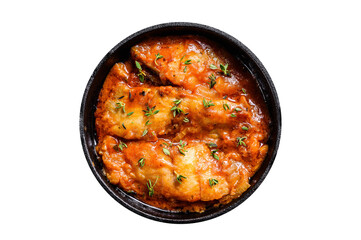 Baked halibut fish in a pan with tomato sauce.  Transparent background. Isolated.