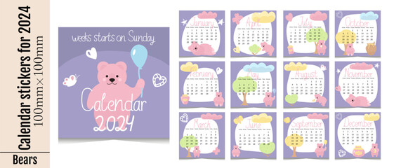 Fototapeta na wymiar Set of calendar stickers by month for 2024. The week starts on Sunday.Cute calendars with pink cartoon bears.Kids stickers for planning.Templates for printing for cute stationery. Isolated on white.