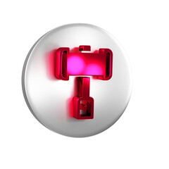 Red Medieval battle hammer icon isolated on transparent background. Silver circle button.