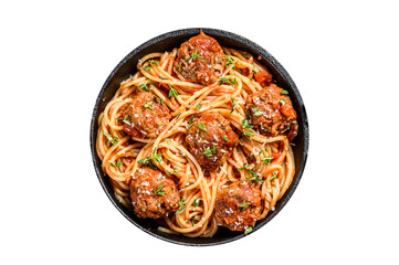 Italian pasta spaghetti with tomato sauce and meatballs in cast iron pan with Parmesan cheese. ...