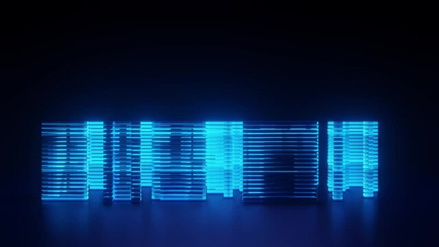 Cyber security database in shape of futuristic city. Abstract digital cyberspace with moving blue algorithms. Matrix technology decoder. Futuristic hi-tech background. High speed data. 3d rendering.