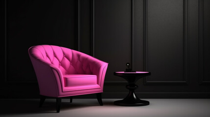 Pink armchair in a black interior. Cyclamen pink armchair in black interior room. generative ai