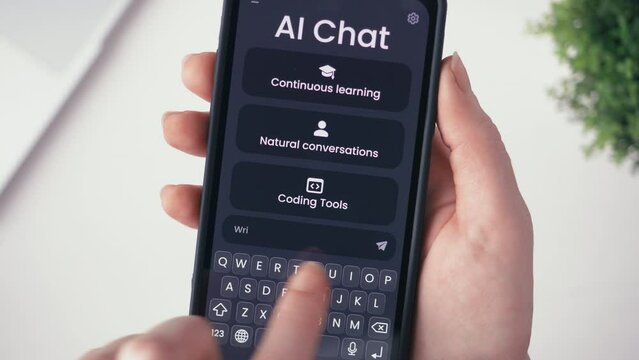 Programmer using AI chat bot as help in coding. Artificial intelligence writes PHP code and helps human at his work. Fictional Interface.