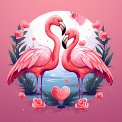 Pink of flamingo bird in love and heart in valentine