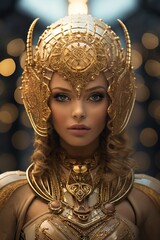 a beautiful woman with a golden crown and armor, close-up