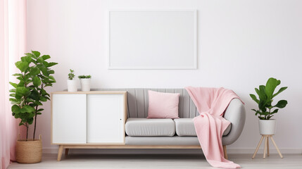 Poster above cabinet with plants in white flat interior with pink blanket grey couch. generative ai