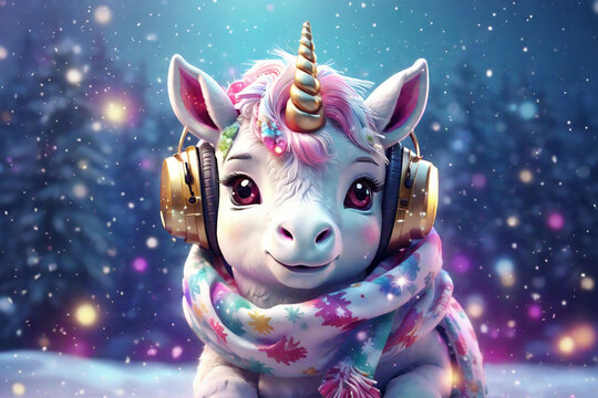 Naklejki  beautiful unicorn on a winter background