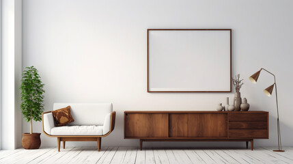 Retro, wooden cabinet and a painting in an empty living room interior with white walls generative ai