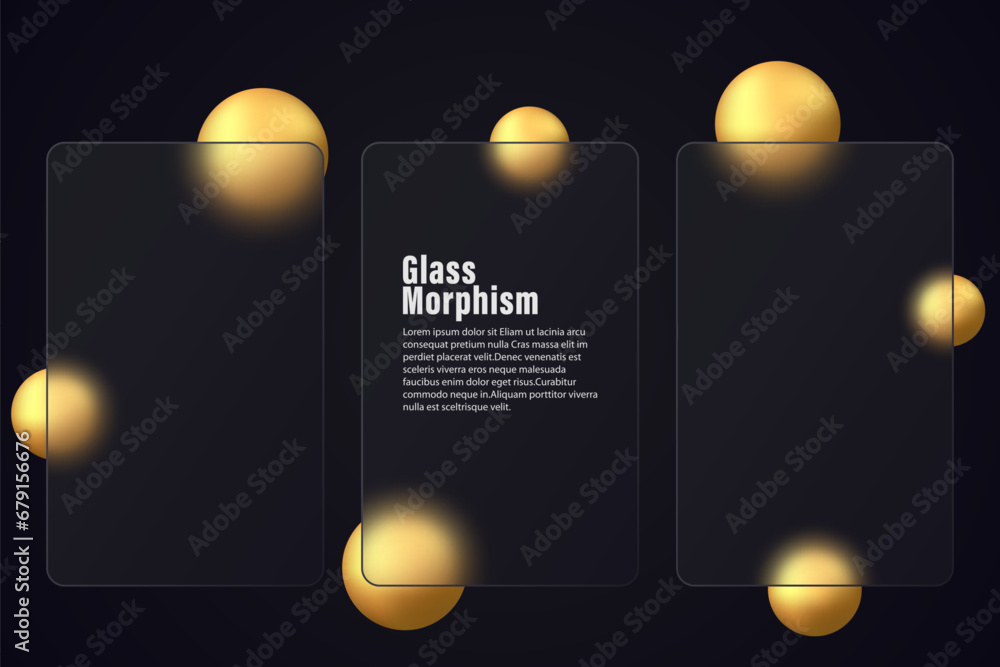 Poster glass morphism effect. set of vertical glass banners with golden gradient spheres on a black backgro