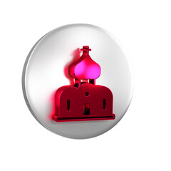 Red Church building icon isolated on transparent background. Christian Church. Religion of church. Silver circle button.