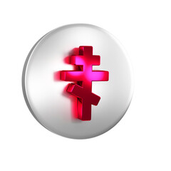 Red Christian cross icon isolated on transparent background. Church cross. Silver circle button.