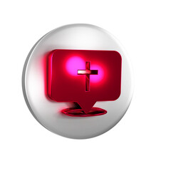 Red Map pin church building icon isolated on transparent background. Christian Church. Religion of church. Silver circle button.