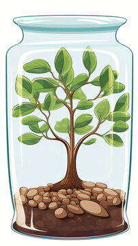Plant and tree seed in recycle glass pot cartoon isolated on white background