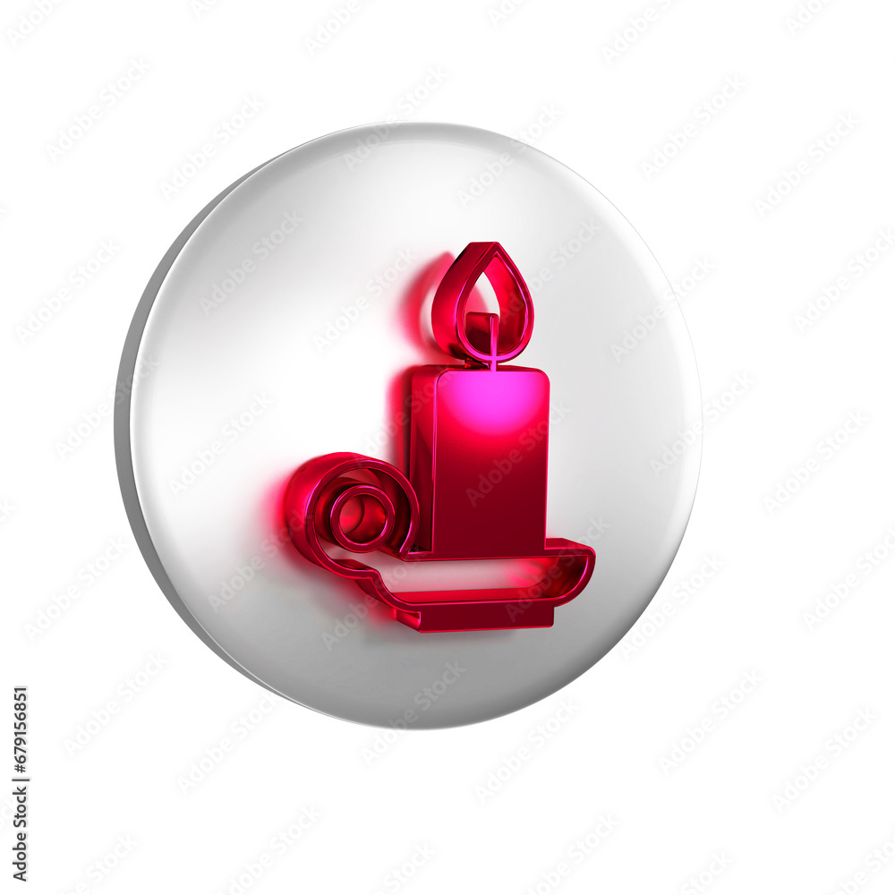 Wall mural Red Burning candle in candlestick icon isolated on transparent background. Cylindrical candle stick with burning flame. Silver circle button.