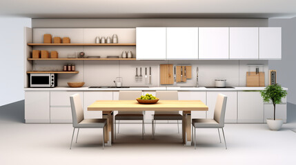 Modern kitchen with sitting and dining area. Beautiful white massive dining table. generative ai